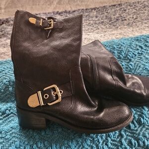 Vince Camuto Black Leather Moto Boots with Gold Buckles